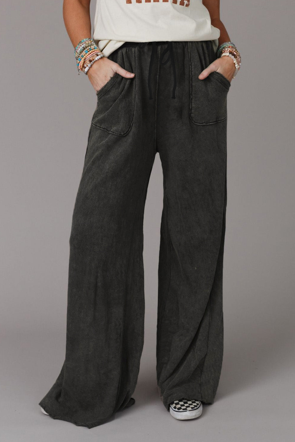 Gray Mineral Washed Drawstring Retro Wide Leg Womens Pants - US2EInc Apparel Plug Ltd. Co