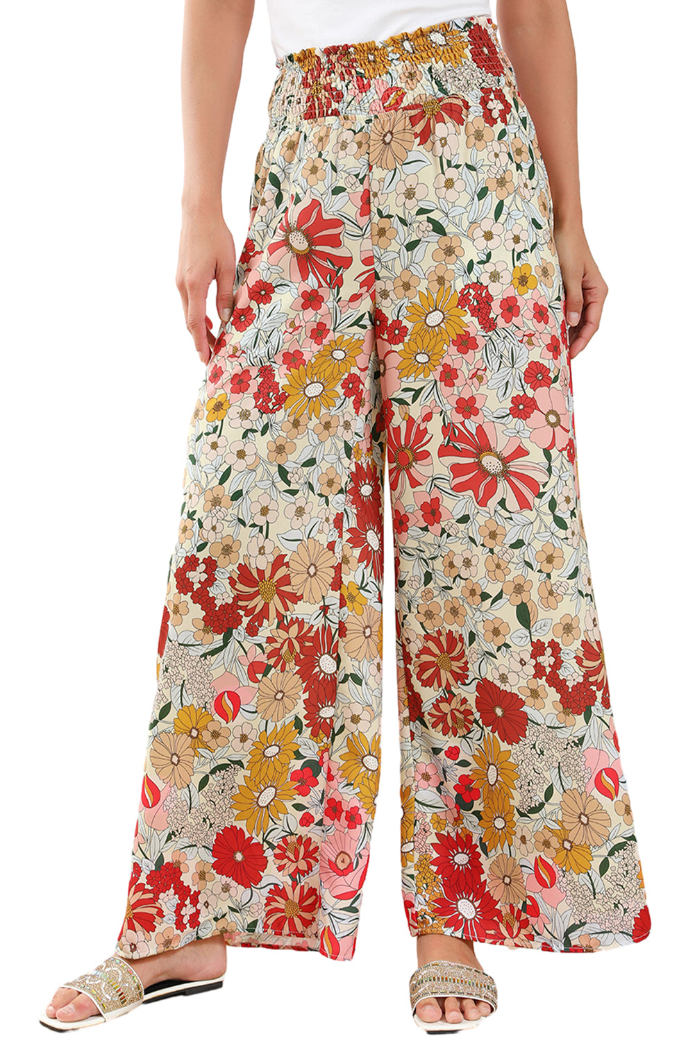 Oatmeal Boho Floral Smocked Waist Super Loose Womens Pants - US2EInc Apparel Plug Ltd. Co