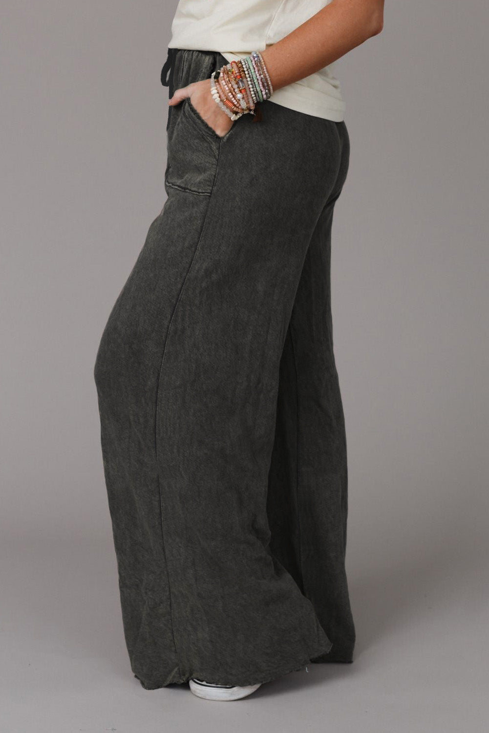 Gray Mineral Washed Drawstring Retro Wide Leg Womens Pants - US2EInc Apparel Plug Ltd. Co