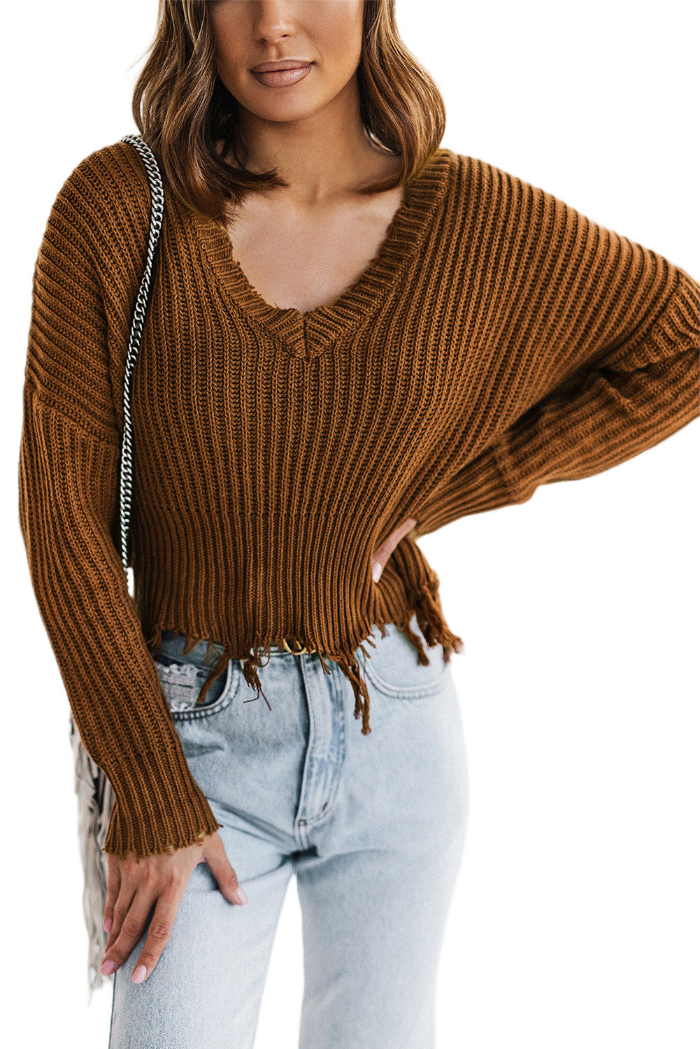 Gray Hollow-out Distressed Tassels Womens Sweater - US2EInc Apparel Plug Ltd. Co