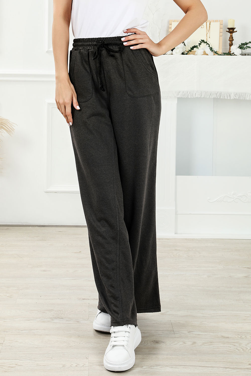 Gray Mineral Washed Drawstring Retro Wide Leg Womens Pants - US2EInc Apparel Plug Ltd. Co