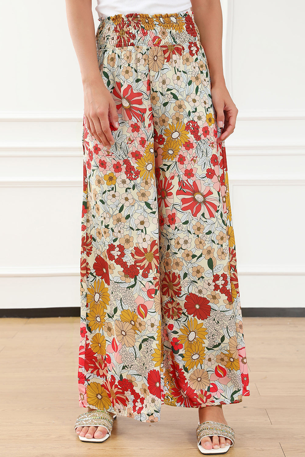 Oatmeal Boho Floral Smocked Waist Super Loose Womens Pants - US2EInc Apparel Plug Ltd. Co