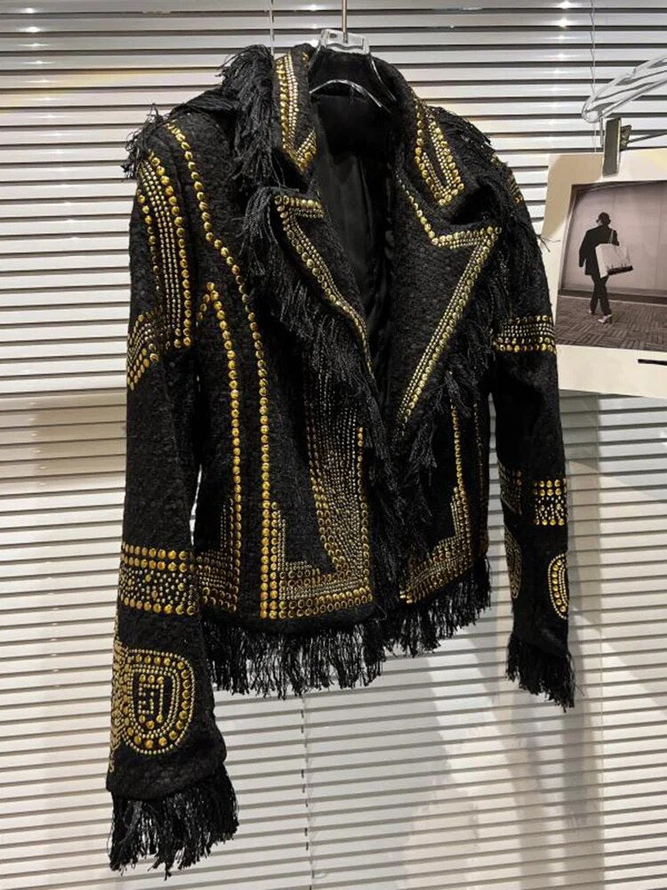 Fashion Women's Blazer Notched Collar Tweed Metal Rivet Fringed Fringe Long Sleeve Suit Jackets Autumn