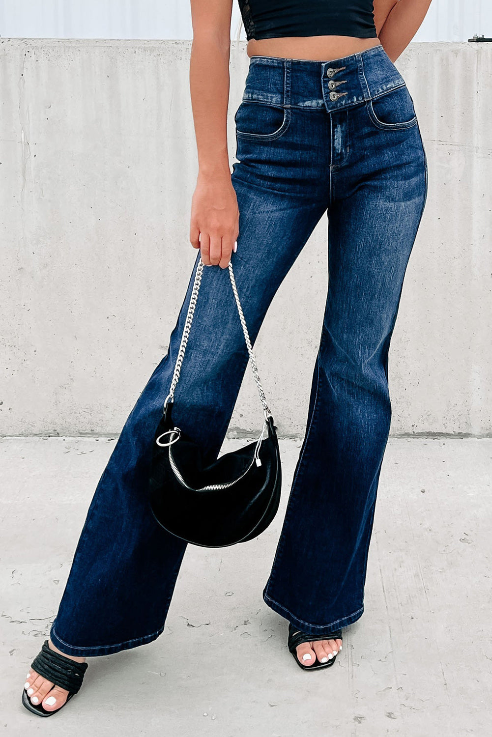 Blue Buttons Elastic Wide Waistband Back Flare Womens Jeans - US2EInc Apparel Plug Ltd. Co
