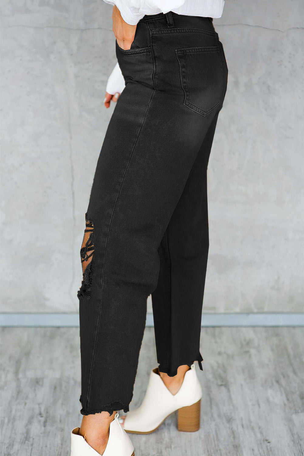 Black Distressed Hollow-out High Waist Cropped Flare Womens Jeans - US2EInc Apparel Plug Ltd. Co