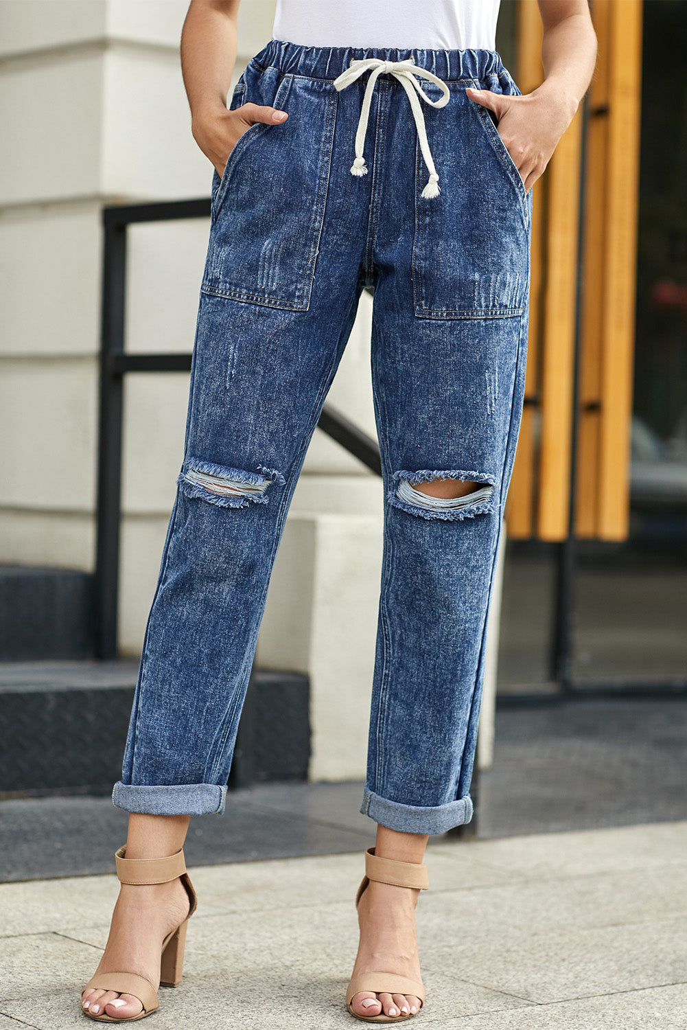 Black Gather Round Distressed Pocketed Denim Womens Jogger - US2EInc Apparel Plug Ltd. Co
