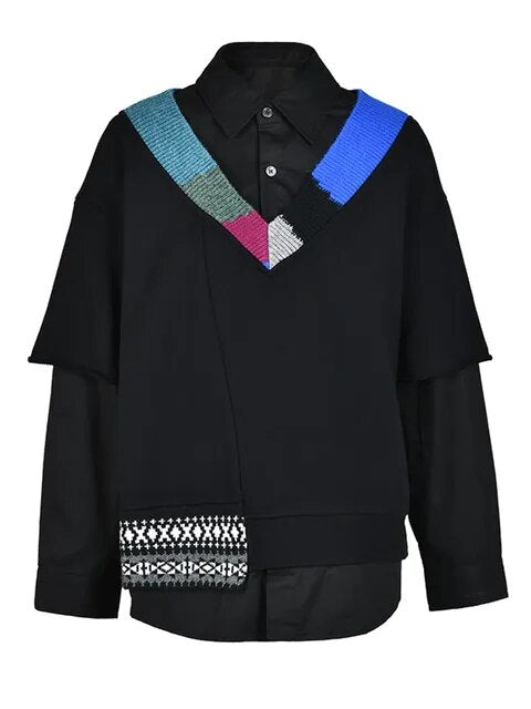 Fashion Women's Knit Patchwork Shirt Contrast Color Lapel Full Sleeve Niche Design Sweatshirt Autumn