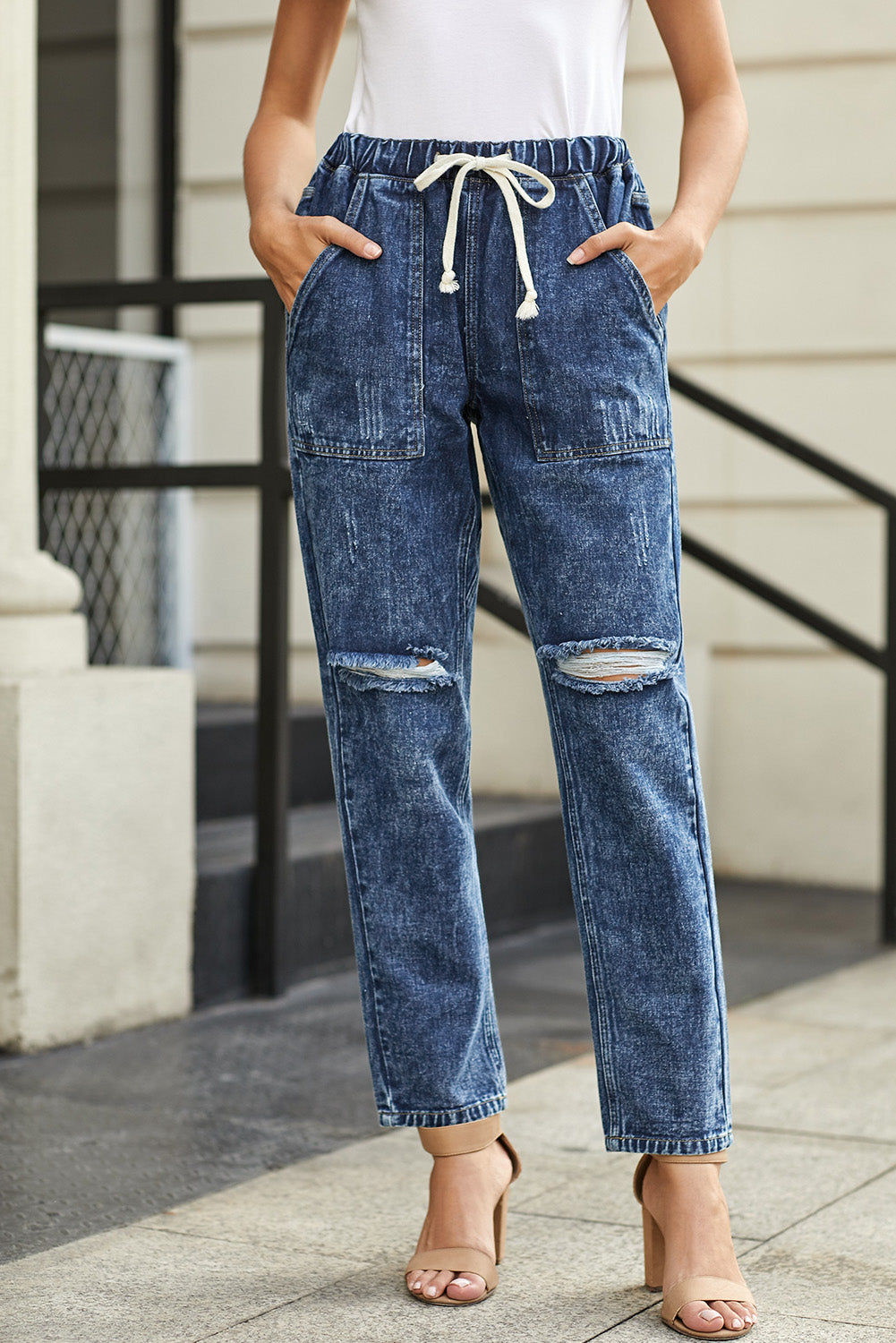 Black Gather Round Distressed Pocketed Denim Womens Jogger - US2EInc Apparel Plug Ltd. Co