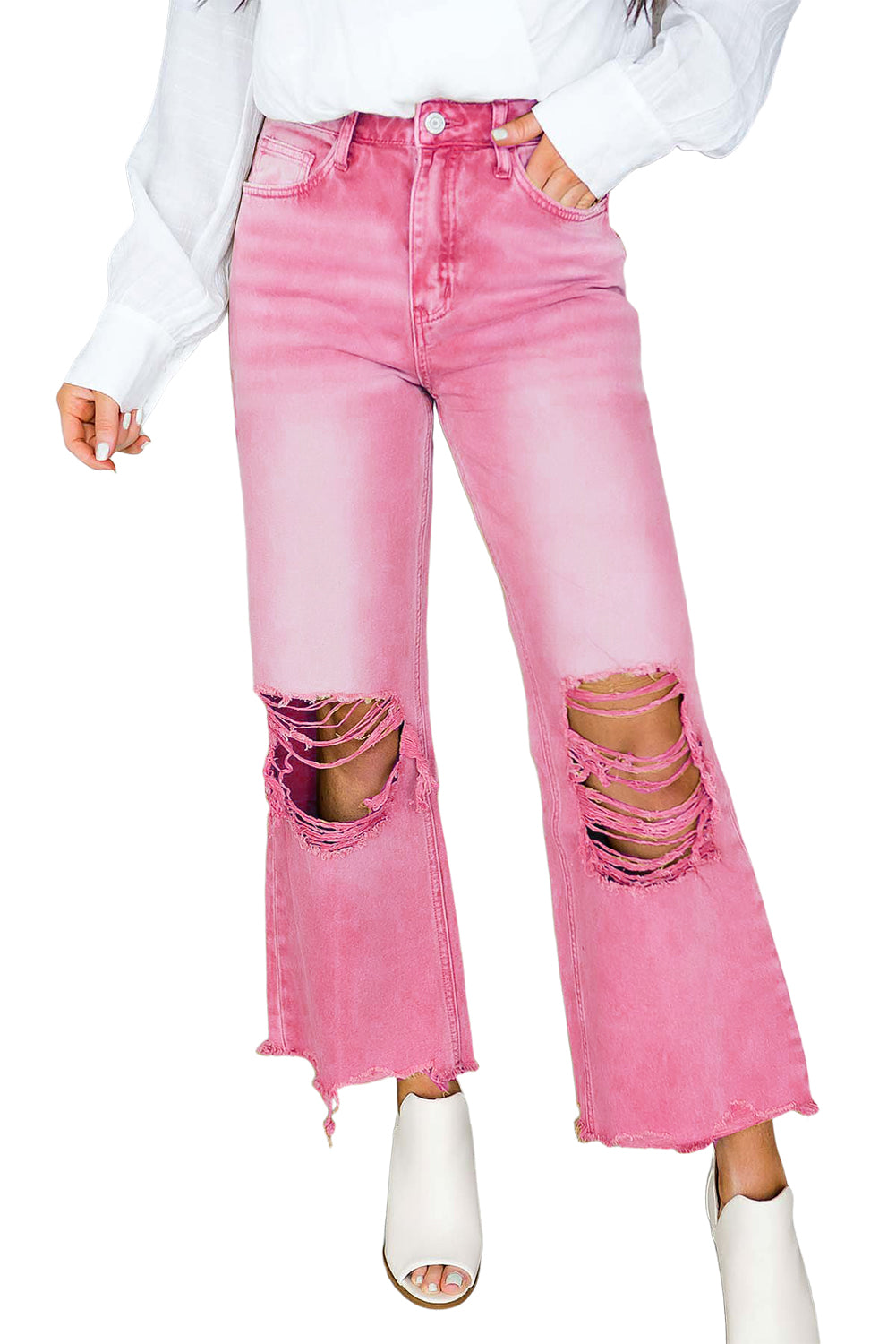 Black Distressed Hollow-out High Waist Cropped Flare Womens Jeans - US2EInc Apparel Plug Ltd. Co