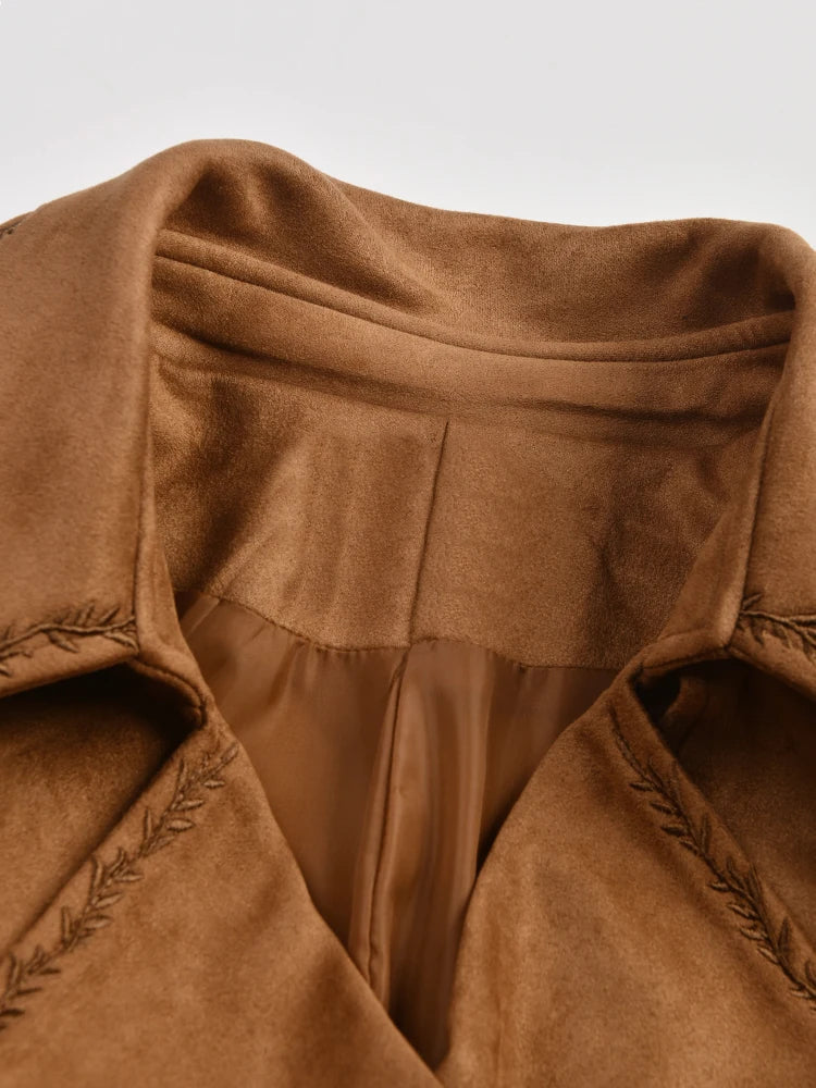 Women Brown Suede Big Size Elegant Trench New Lapel Long Sleeve Loose Fit Windbreaker Fashion Spring Autumn