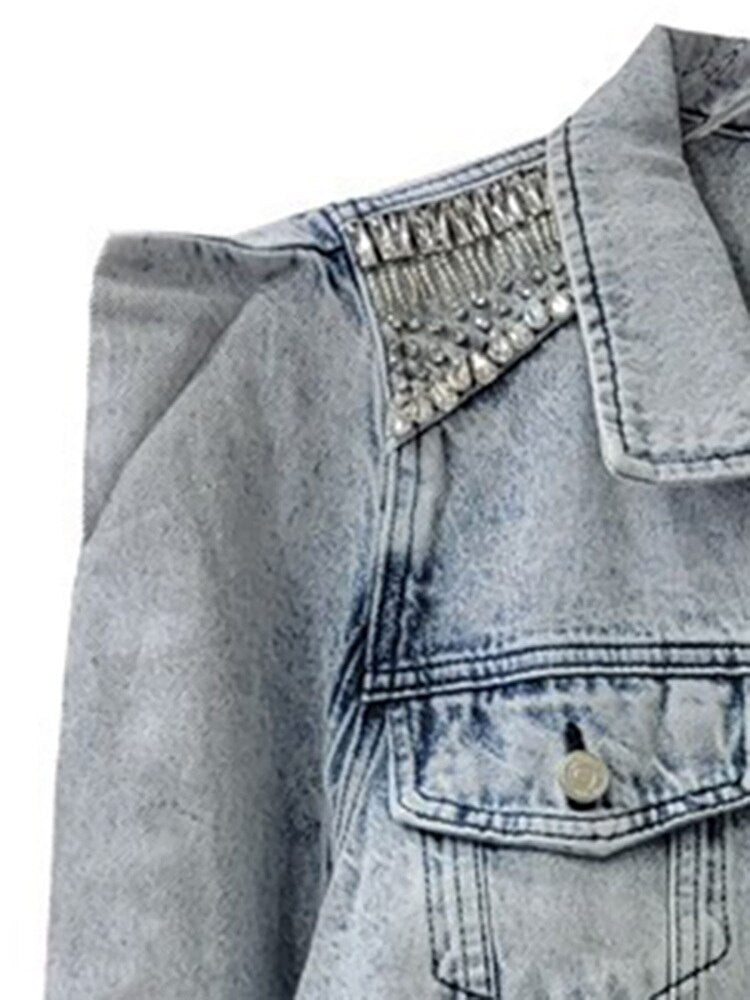 Women's Denim Coat Lapel Puff Sleeve Single Breasted Diamond Inlaid Shoulder Short Jackets