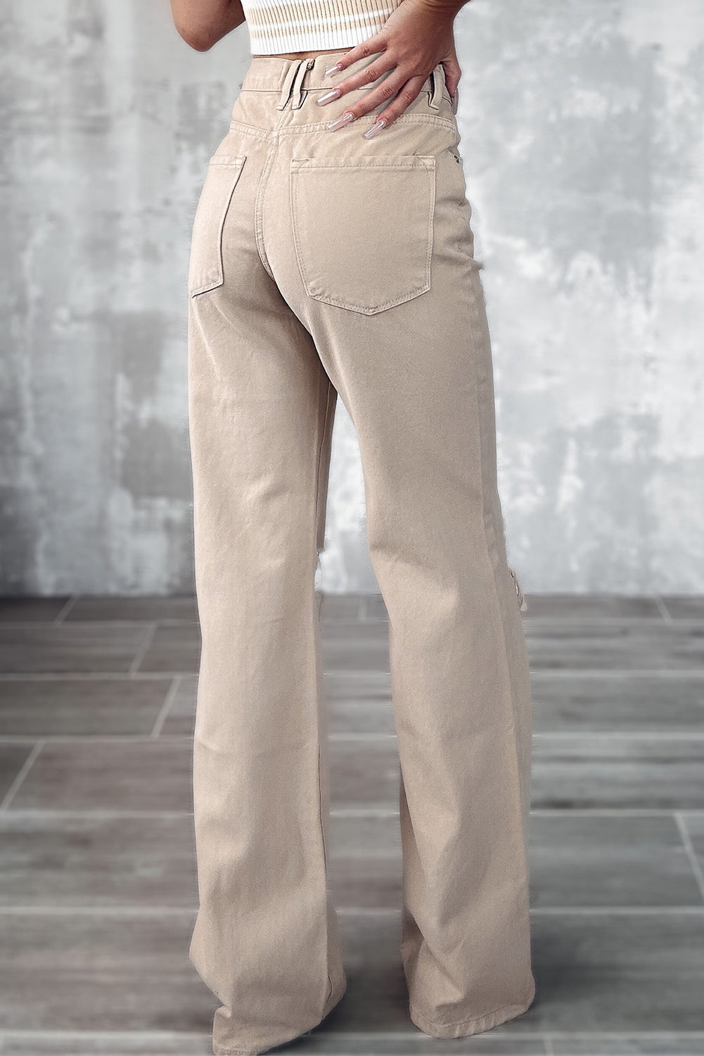 Khaki High Waist Ripped Wide-Leg Womens Jeans - US2EInc Apparel Plug Ltd. Co