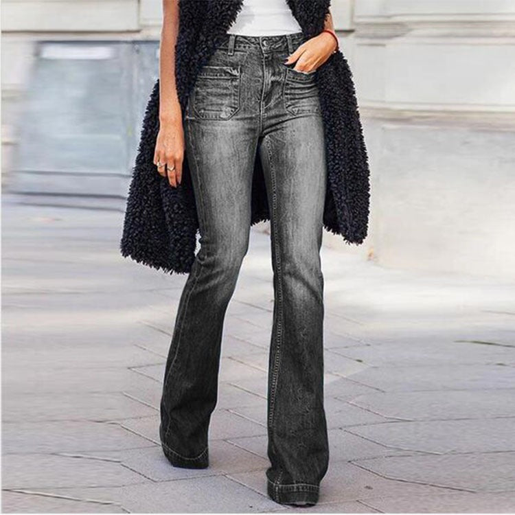 Women's Flared Jeans Stretch Fashion High Waist Vintage Casual Full Length Slim Streetwear Wide Leg Flare Pants