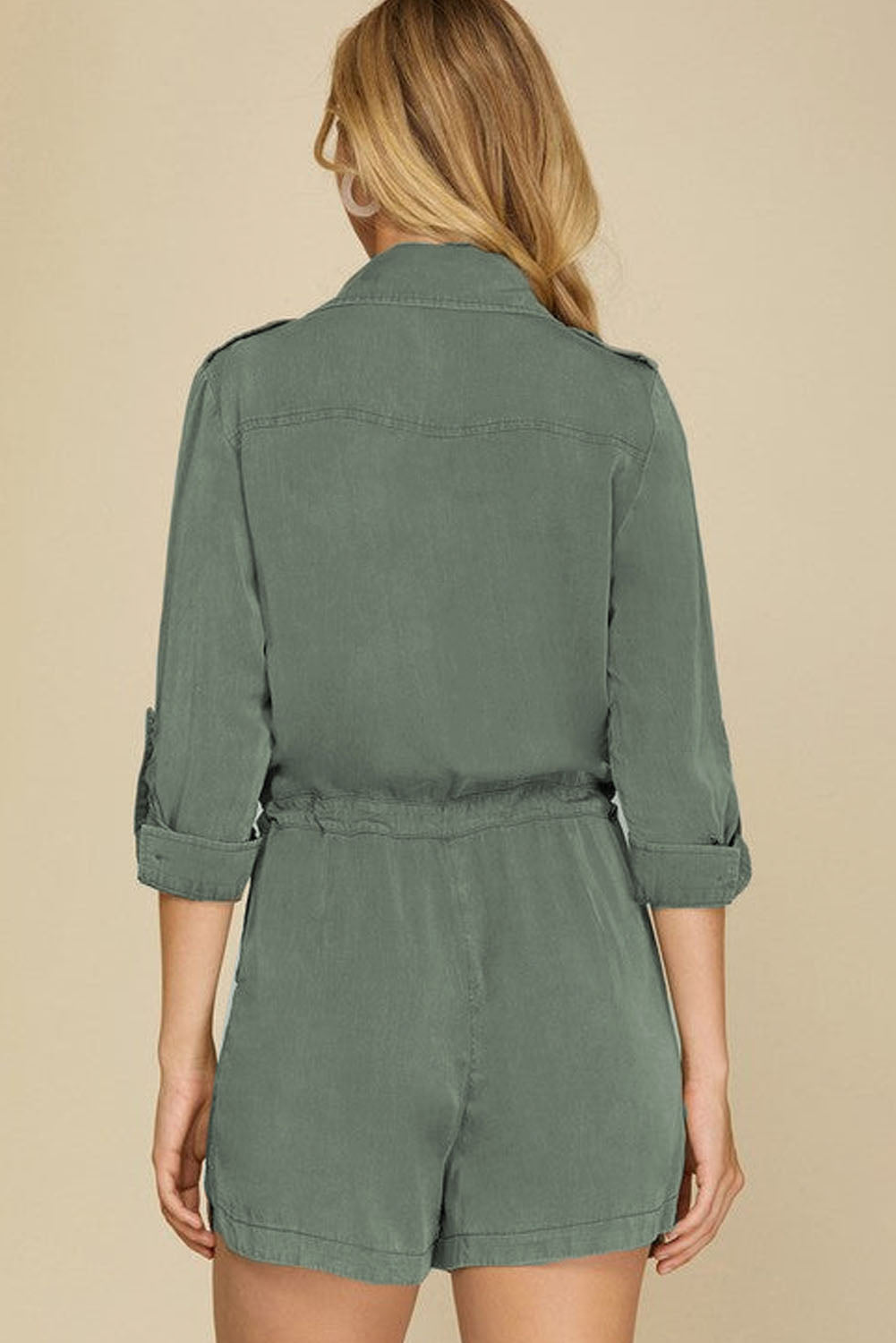 Jungle Green Roll up Sleeve Flap Pockets Womens Drawstring Playsuit - US2EInc Apparel Plug Ltd. Co