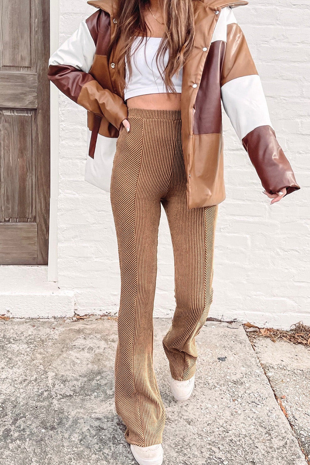 Brown Ribbed Knit High Rise Flare Womens Leggings - US2EInc Apparel Plug Ltd. Co