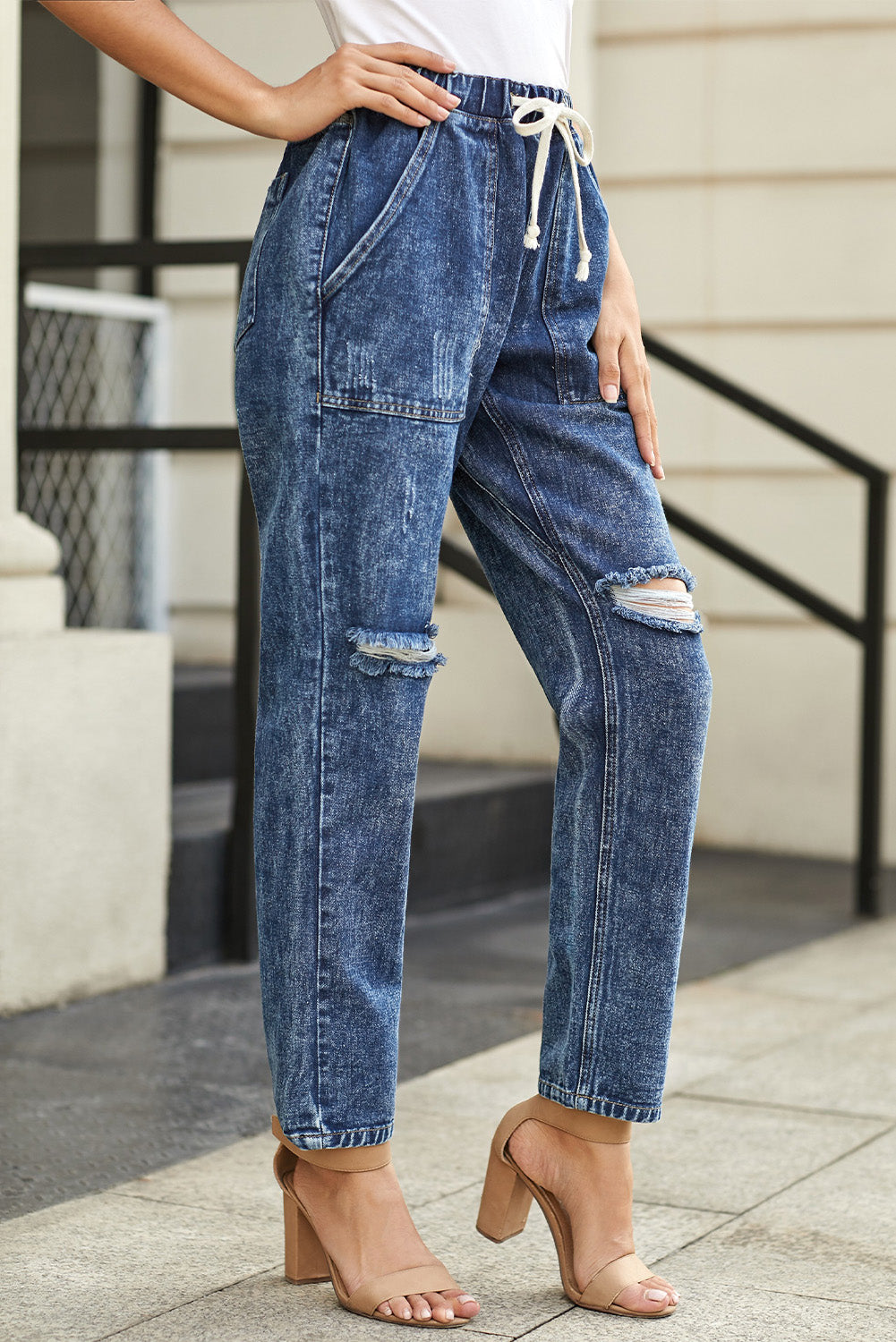 Black Gather Round Distressed Pocketed Denim Womens Jogger - US2EInc Apparel Plug Ltd. Co