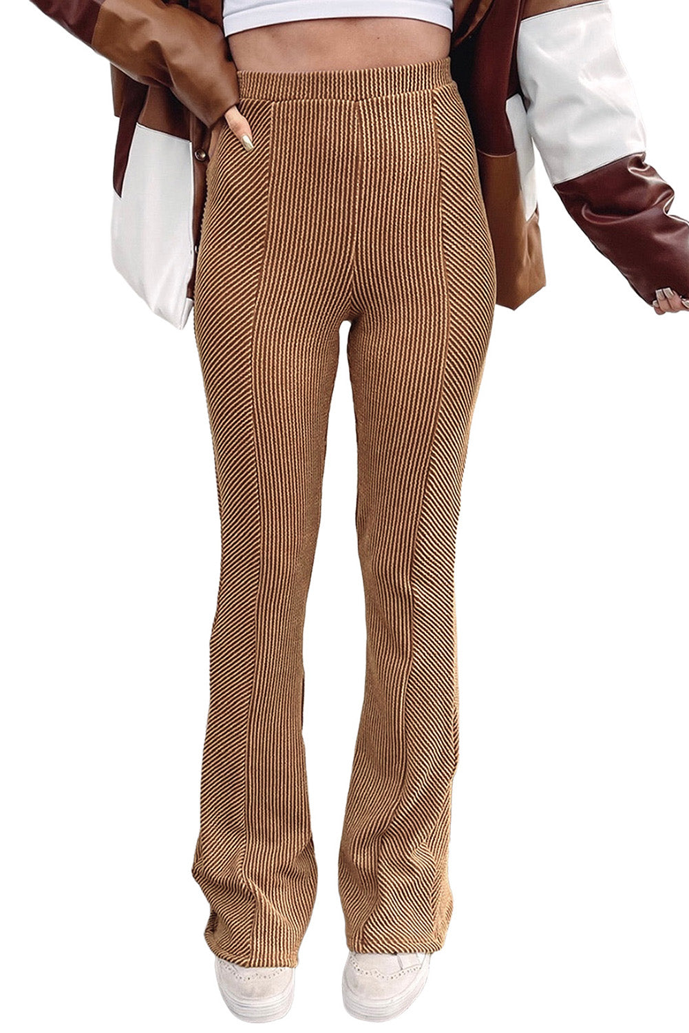 Brown Ribbed Knit High Rise Flare Womens Leggings - US2EInc Apparel Plug Ltd. Co