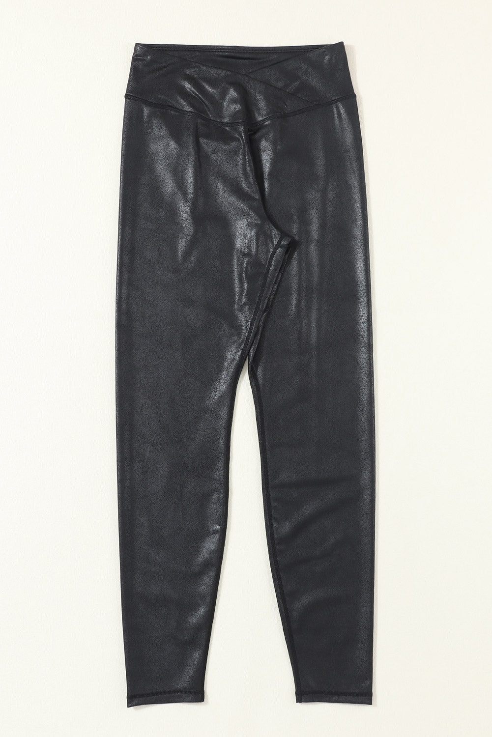 Black Crossed Dip Waist Sleek Leather Womens Leggings - US2EInc Apparel Plug Ltd. Co