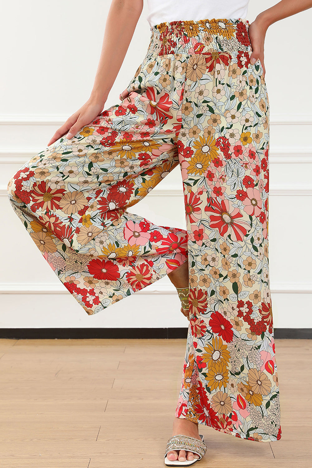 Oatmeal Boho Floral Smocked Waist Super Loose Womens Pants - US2EInc Apparel Plug Ltd. Co