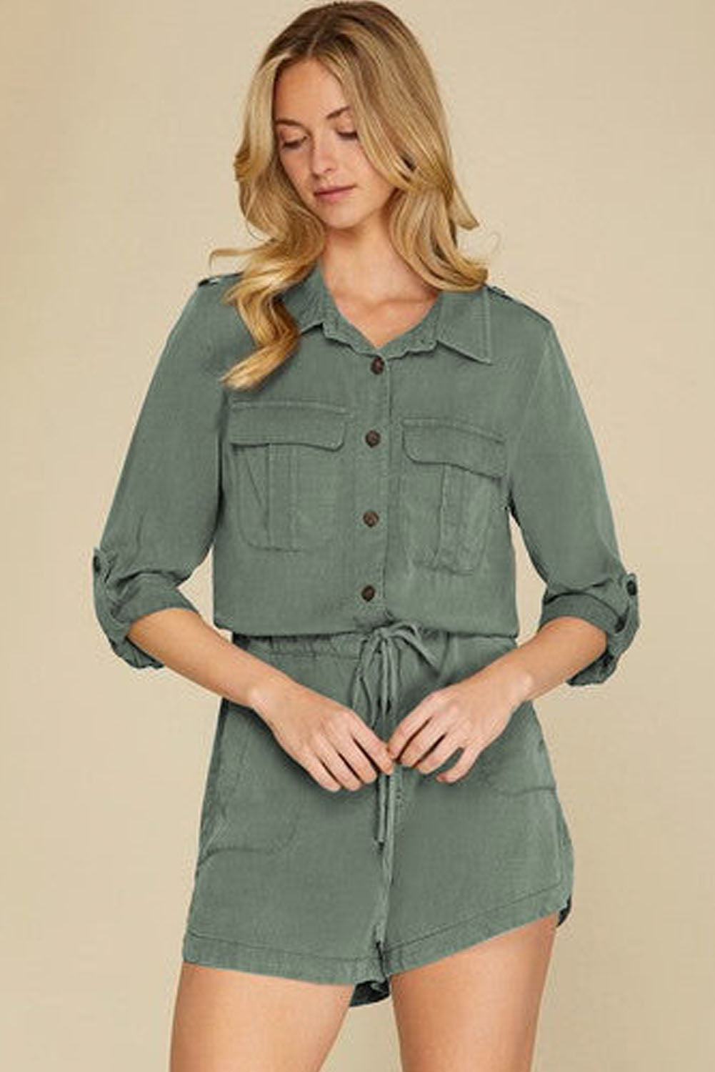 Jungle Green Roll up Sleeve Flap Pockets Womens Drawstring Playsuit - US2EInc Apparel Plug Ltd. Co