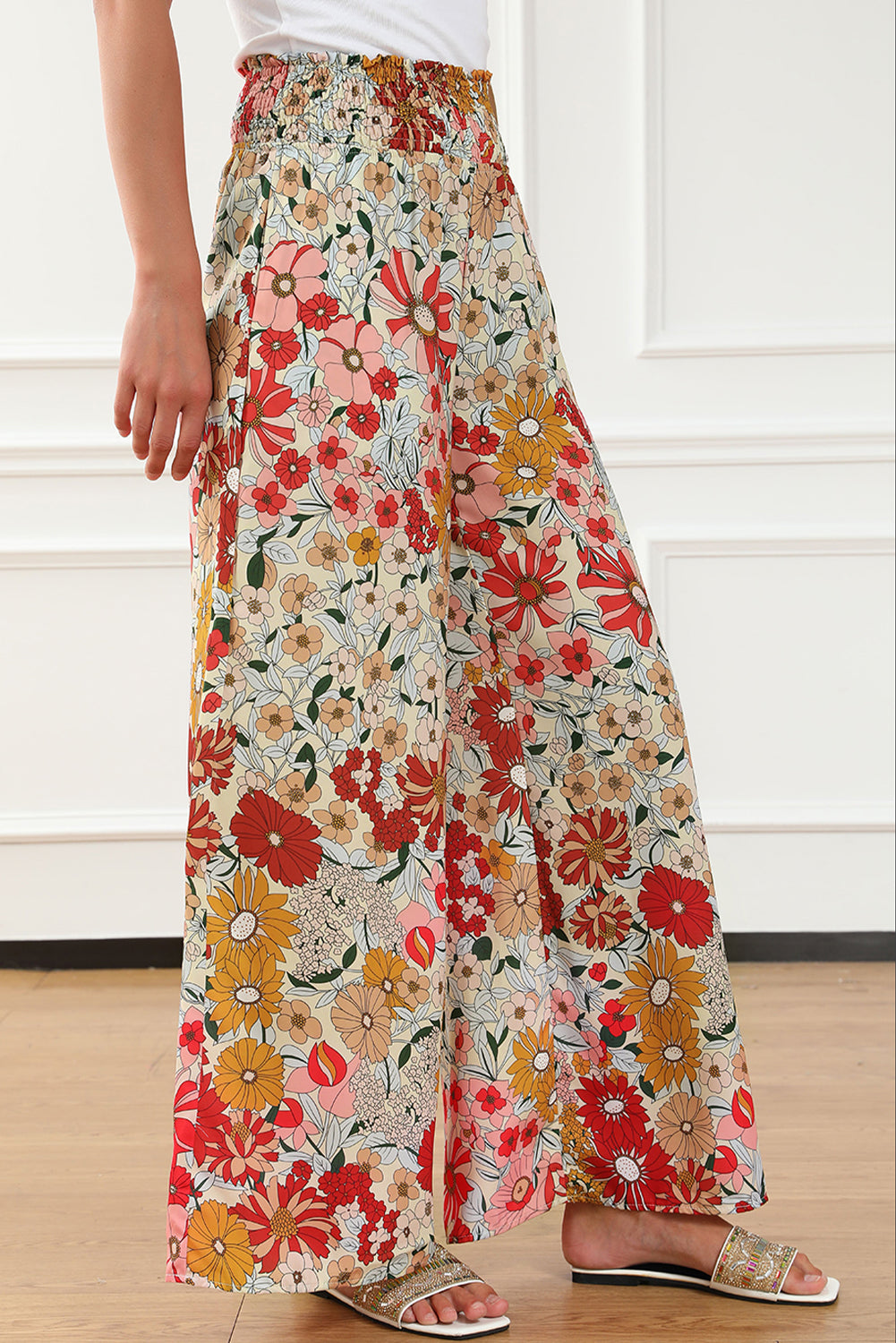 Oatmeal Boho Floral Smocked Waist Super Loose Womens Pants - US2EInc Apparel Plug Ltd. Co