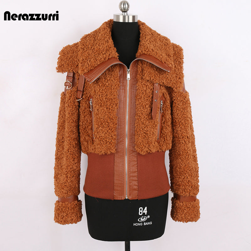 Nerazzurri Autumn Winter Chic Warm Pu Leather Patchwork Faux Fur Coat Women Zip Up Luxury Designer Clothes Fuzzy Fluffy Jacket