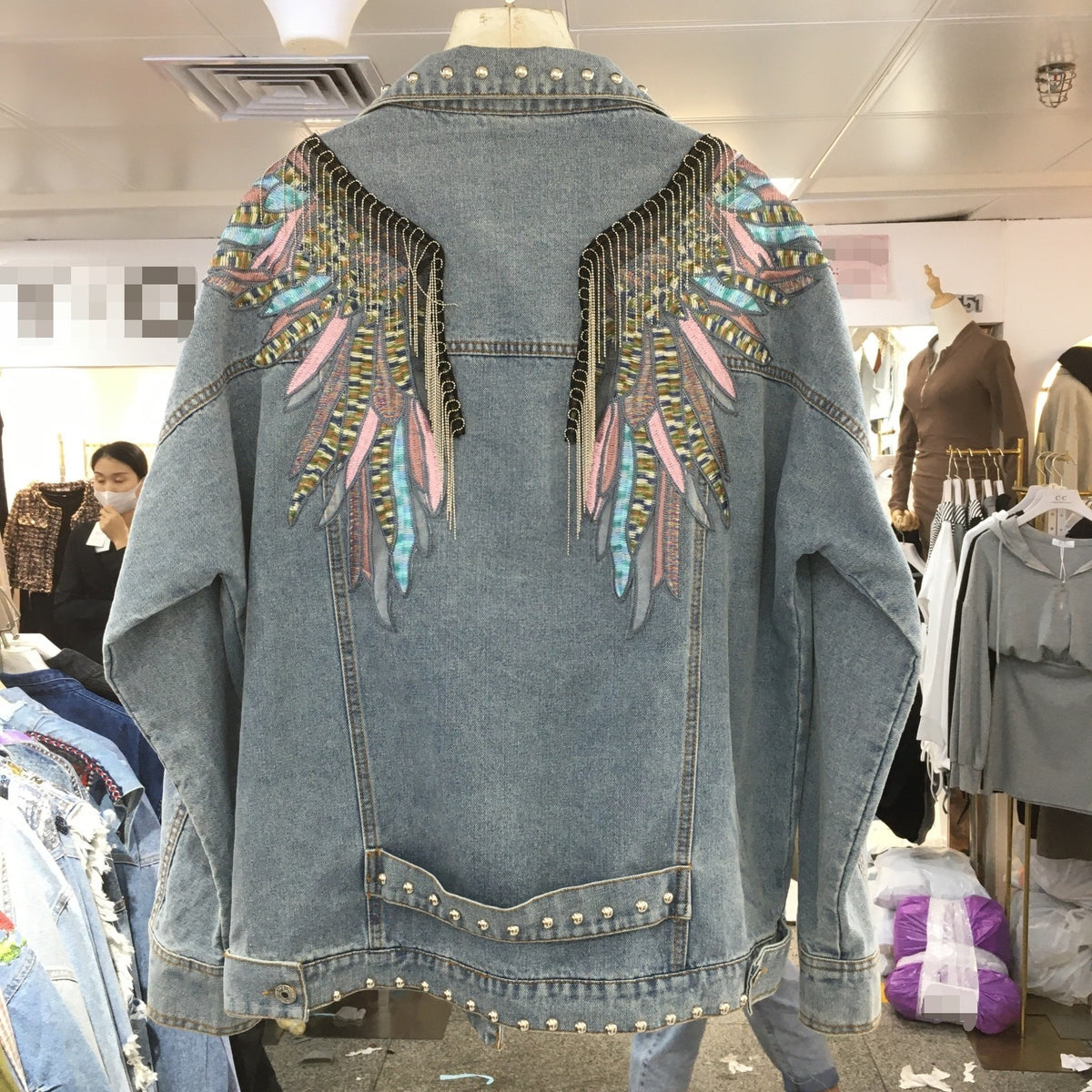 Denim Coat Womens Spring and Autumn Fashion New Relaxed Thin Wing Embroidered Tassel Long Sleeve Top