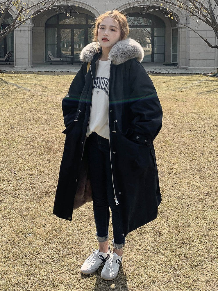 New Winter Style Overcomes Women's Mid length Over knee Plush Thickened Coat Windbreaker Type Cotton Jacket Down Cotton Jacket