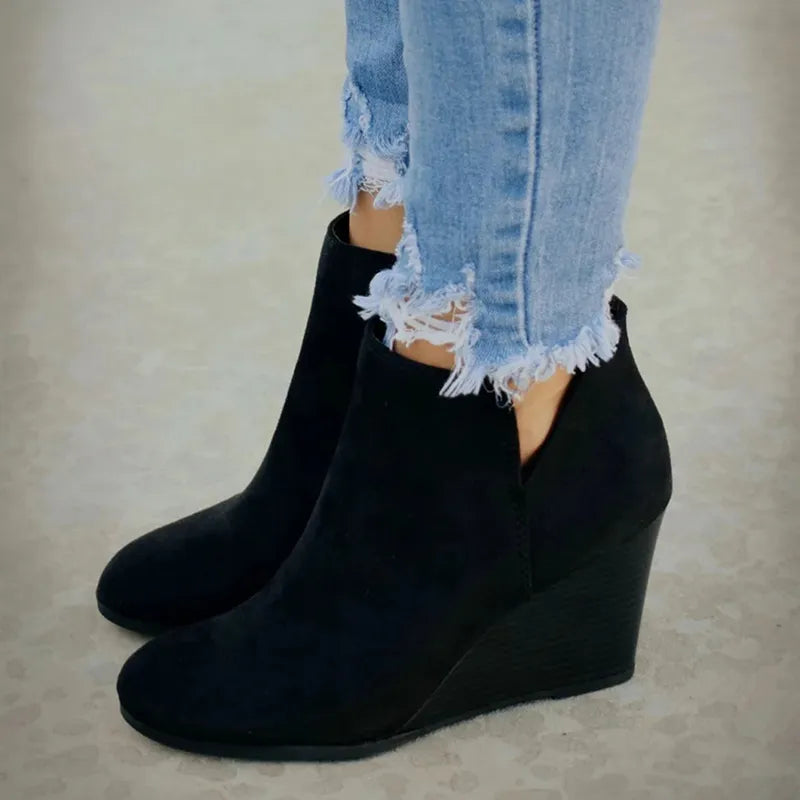 Pointed Toe Winter Women Leopard Ankle Boots Lace Up Platform High Heels Wedges Shoes - US2EInc Apparel Plug Ltd. Co