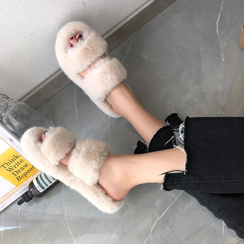 Luxury Women Fluffy Fur Slippers Slides Shoes - US2EInc Apparel Plug Ltd. Co