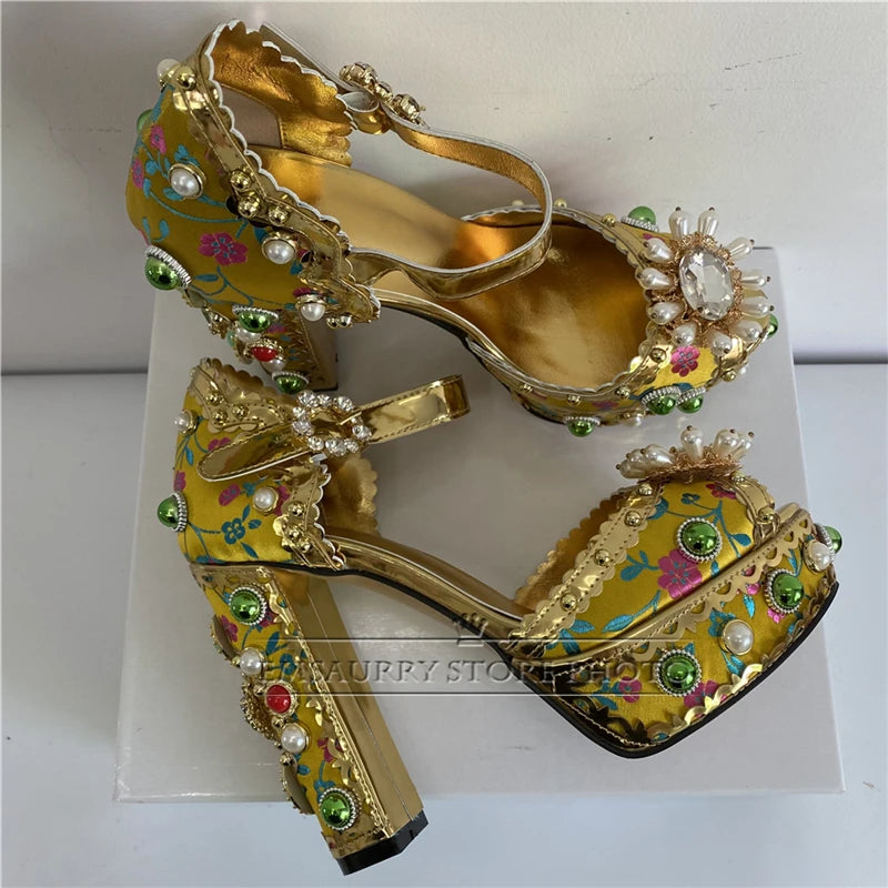 Luxury Embroidery Satin Wedding Shoes Woman Rivet Decor Platform Chunky Heel Beaded Rhinestone Summer Sandals Women - US2EInc Apparel Plug Ltd. Co