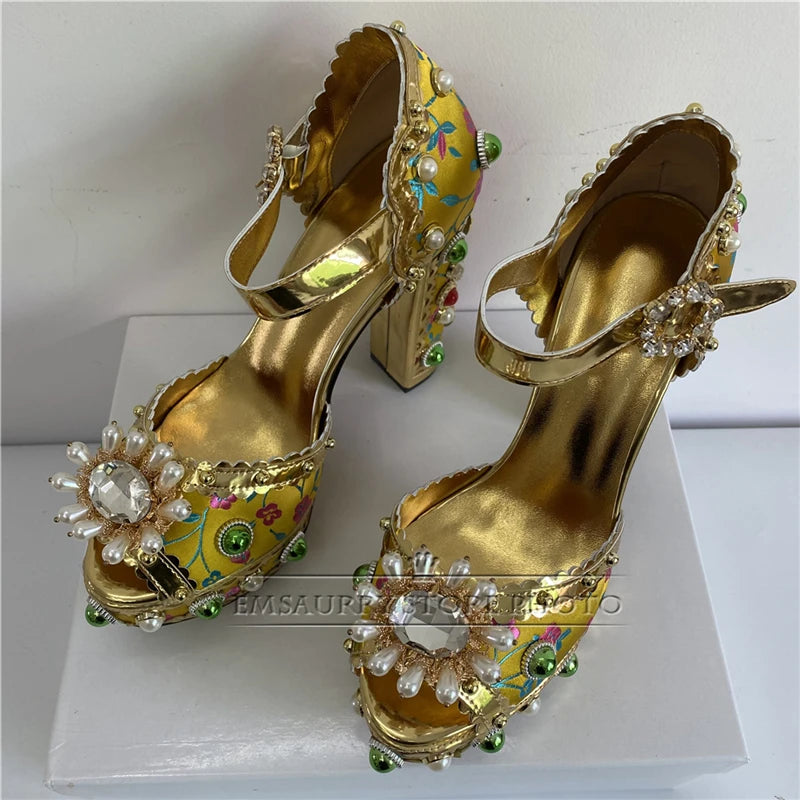 Luxury Embroidery Satin Wedding Shoes Woman Rivet Decor Platform Chunky Heel Beaded Rhinestone Summer Sandals Women - US2EInc Apparel Plug Ltd. Co