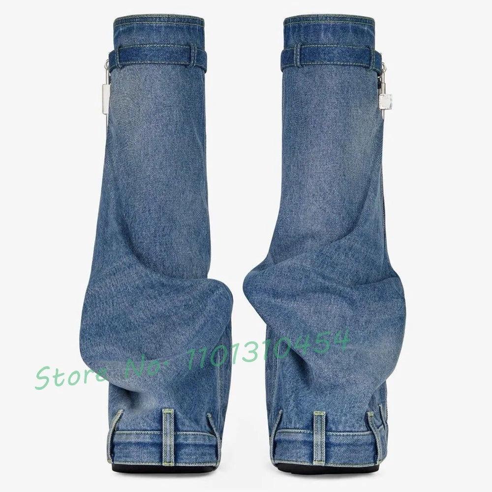 Lock Denim Boots Mid Calf Women New In Novelty Streetwear Trending Shoes - US2EInc Apparel Plug Ltd. Co