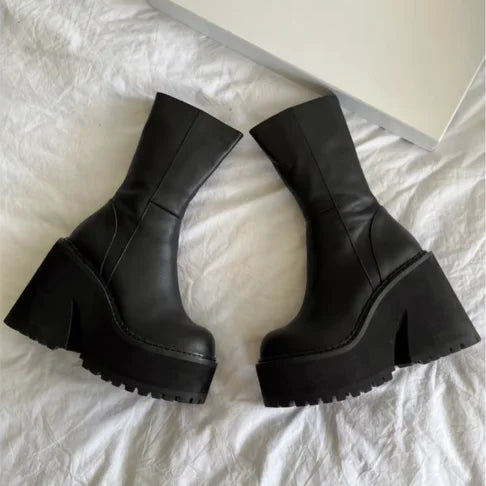 Platform Genuine Leather Ankle Boots Shoes Womens Mid Calf Ankle - US2EInc Apparel Plug Ltd. Co