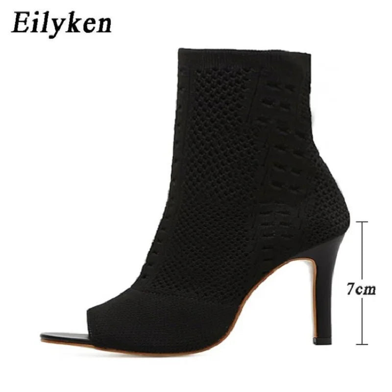 New Women Stretch Breathable Fabric Peep Toe Ankle High heel Boots - US2EInc Apparel Plug Ltd. Co