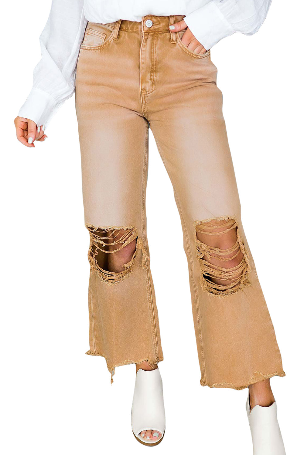 Black Distressed Hollow-out High Waist Cropped Flare Womens Jeans - US2EInc Apparel Plug Ltd. Co