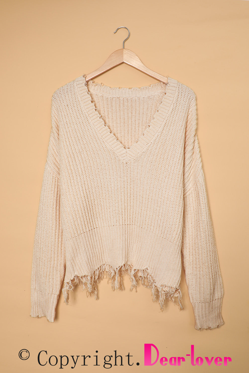 Gray Hollow-out Distressed Tassels Womens Sweater - US2EInc Apparel Plug Ltd. Co
