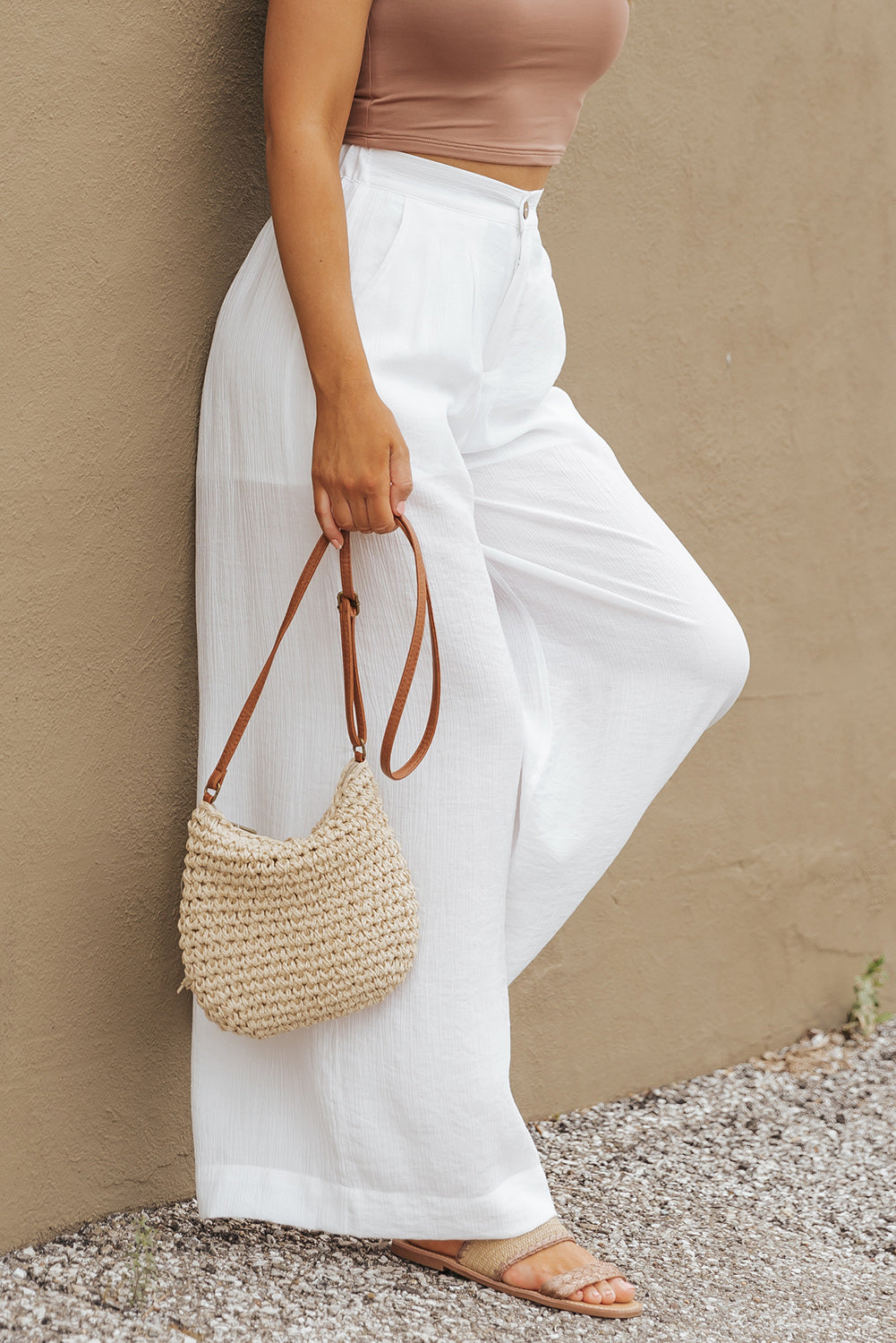 White Solid Color Elastic Waist Pleated Wide Leg Womens Pants - US2EInc Apparel Plug Ltd. Co