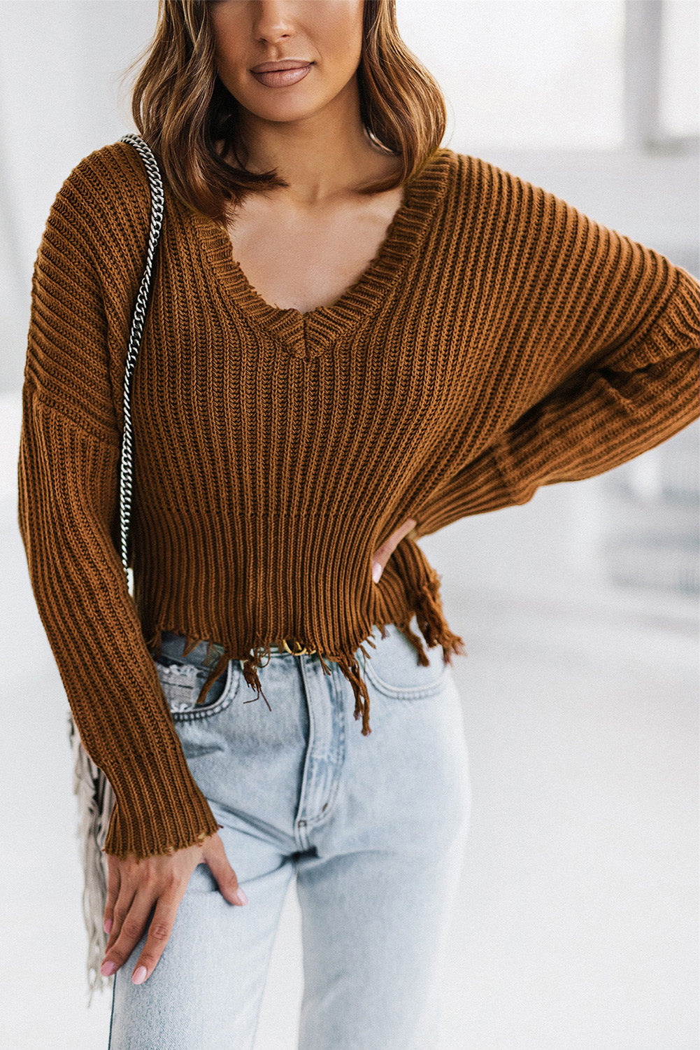 Gray Hollow-out Distressed Tassels Womens Sweater - US2EInc Apparel Plug Ltd. Co