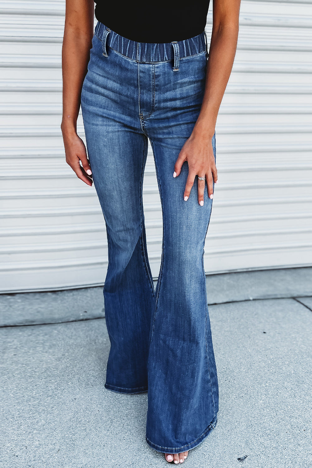 Blue Elastic High Waist Flare Womens Jeans - US2EInc Apparel Plug Ltd. Co