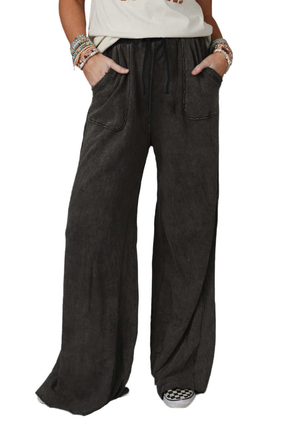 Gray Mineral Washed Drawstring Retro Wide Leg Womens Pants - US2EInc Apparel Plug Ltd. Co