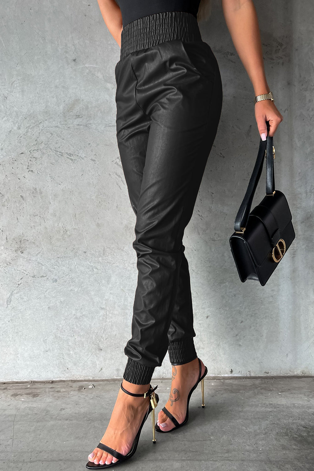 Brown Smocked High-Waist Leather Skinny Womens Pants - US2EInc Apparel Plug Ltd. Co