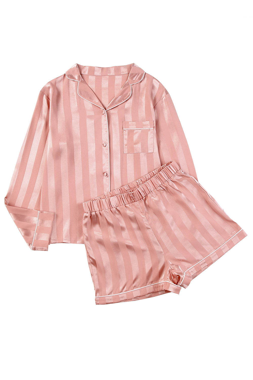 Pink Striped Print Buttoned Shirt and Drawstring Womens Shorts Lounge Set - US2EInc Apparel Plug Ltd. Co