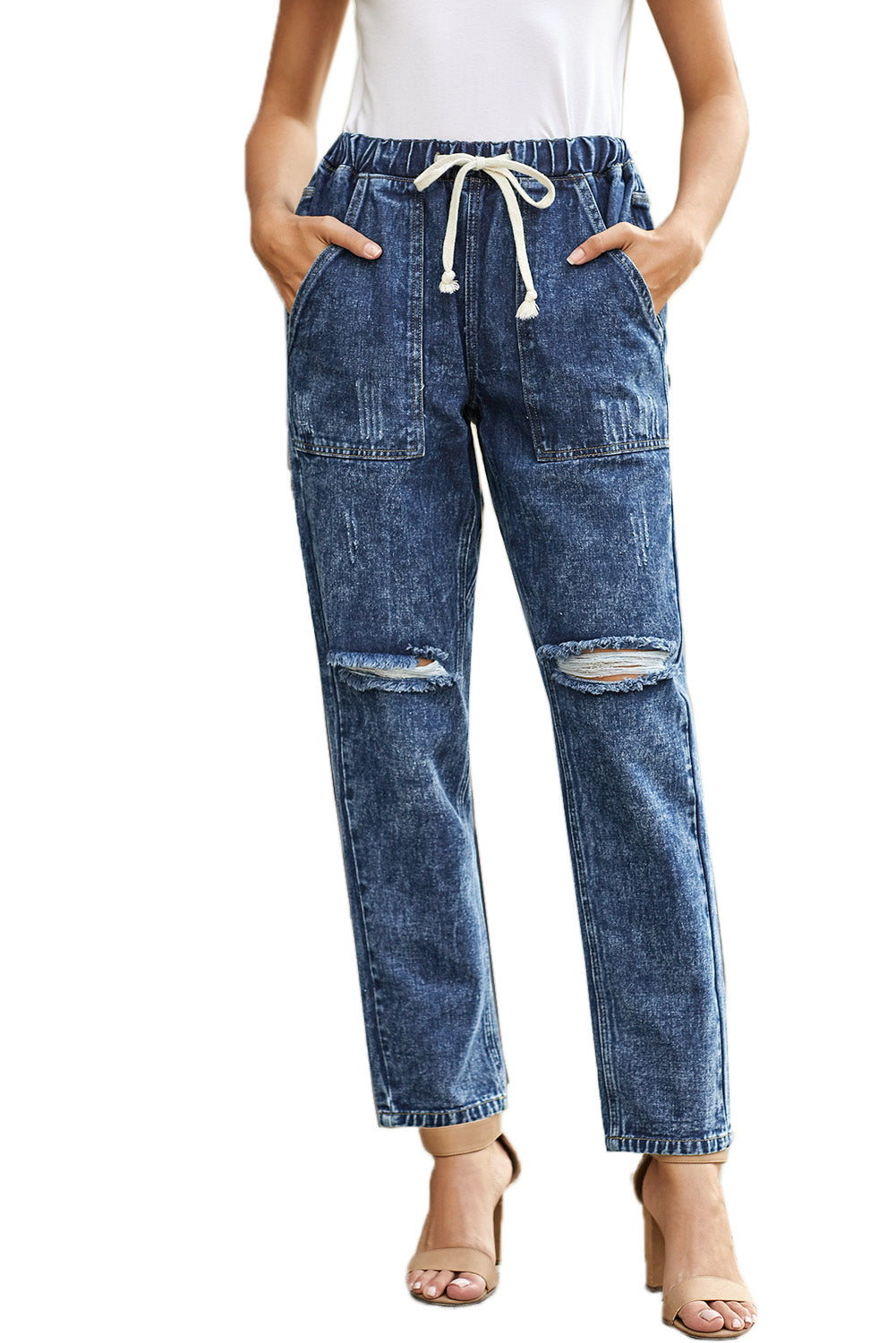 Black Gather Round Distressed Pocketed Denim Womens Jogger - US2EInc Apparel Plug Ltd. Co