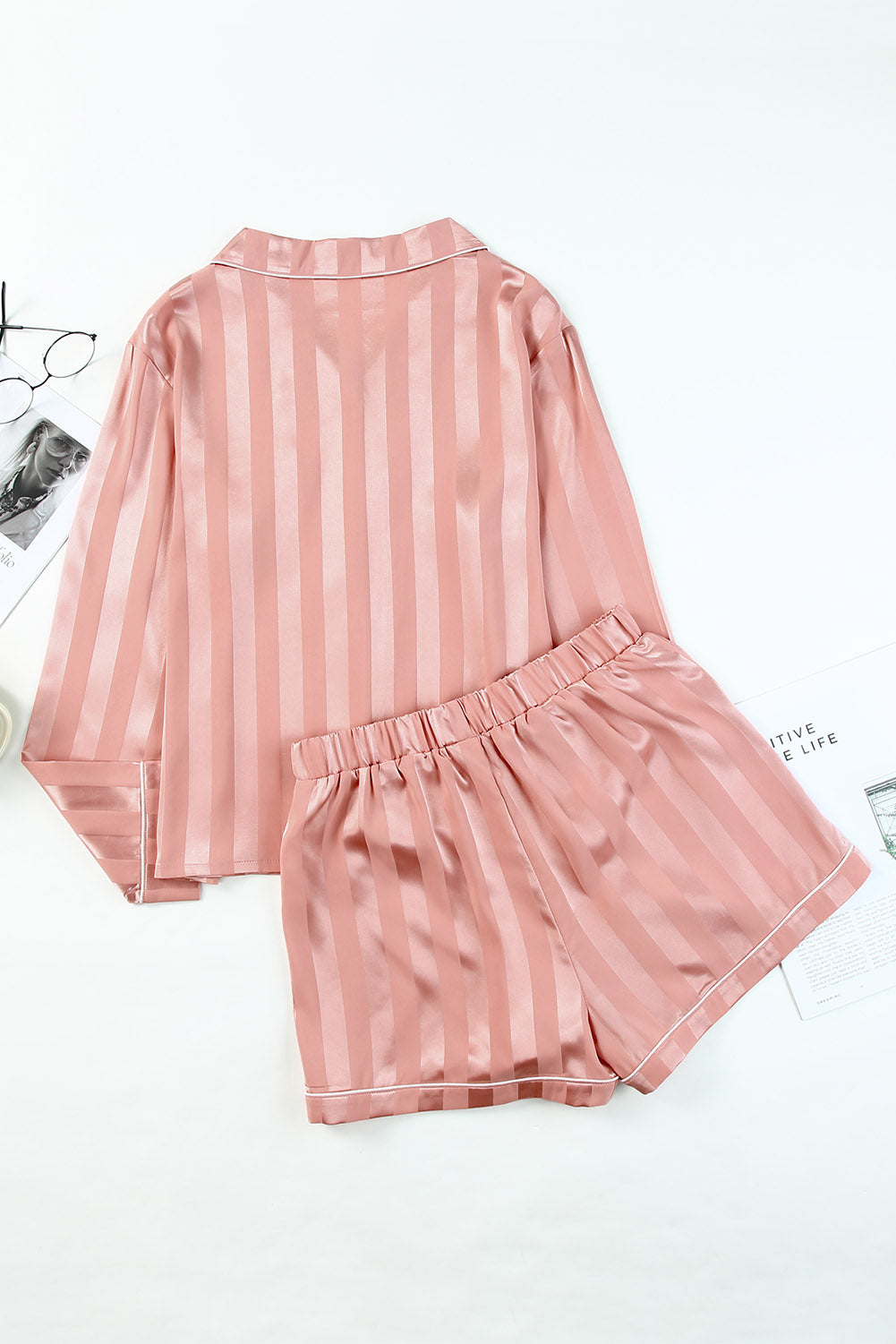Pink Striped Print Buttoned Shirt and Drawstring Womens Shorts Lounge Set - US2EInc Apparel Plug Ltd. Co