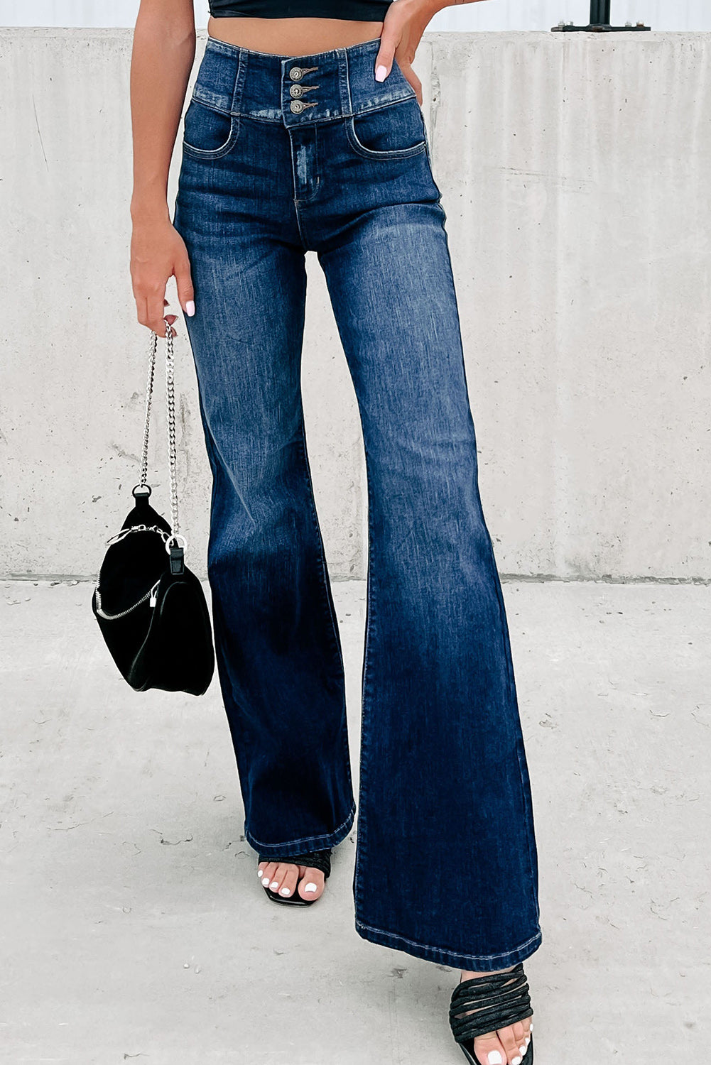 Blue Buttons Elastic Wide Waistband Back Flare Womens Jeans - US2EInc Apparel Plug Ltd. Co