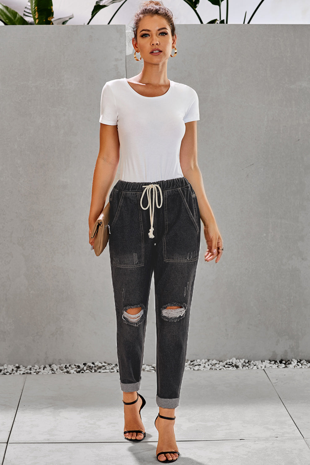 Black Gather Round Distressed Pocketed Denim Womens Jogger - US2EInc Apparel Plug Ltd. Co