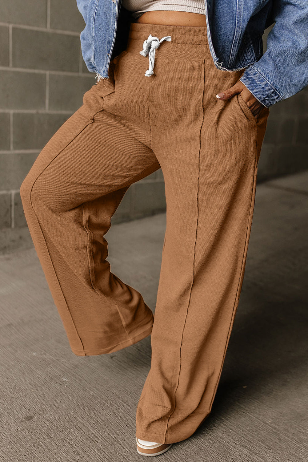 Brown Drawstring High Waist Wide Leg Waffle Knit Womens Pants - US2EInc Apparel Plug Ltd. Co