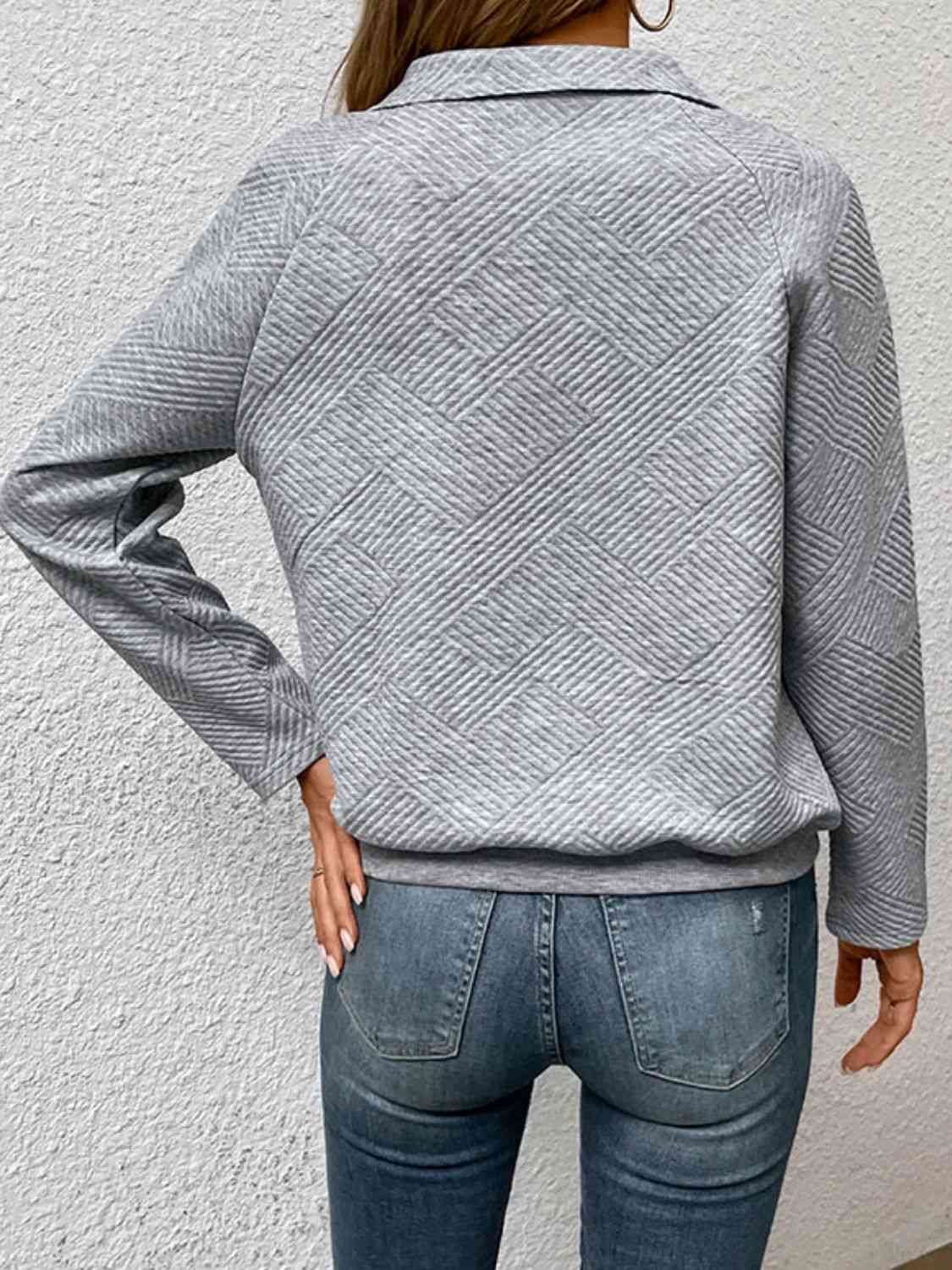 Half Buttoned Collared Neck Sweatshirt with Pocket - US2EInc Apparel Plug Ltd. Co