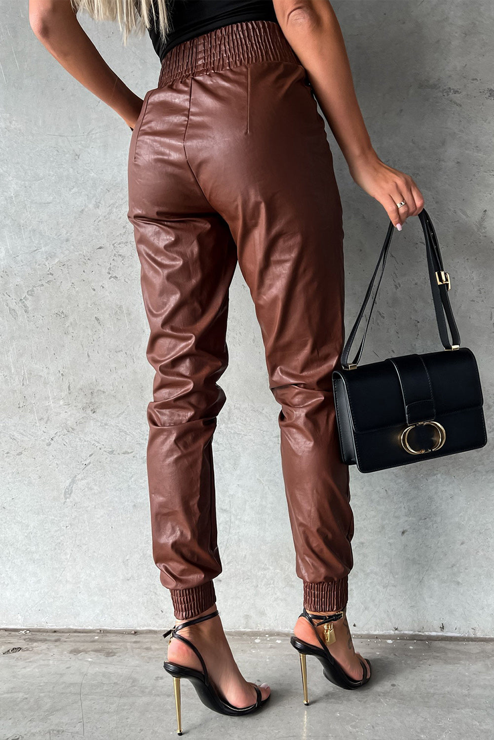 Brown Smocked High-Waist Leather Skinny Womens Pants - US2EInc Apparel Plug Ltd. Co